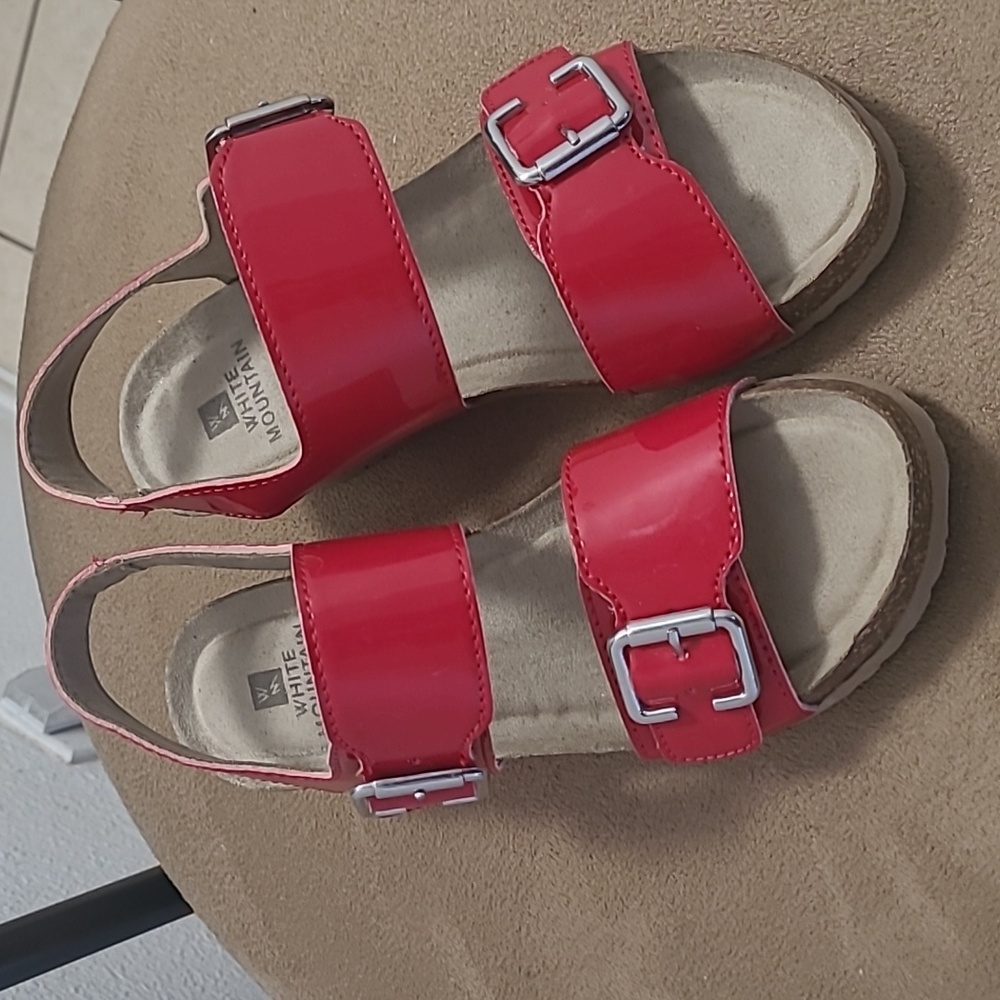 Red patent leather wedge sandals, with velcro buckles, new, no tags